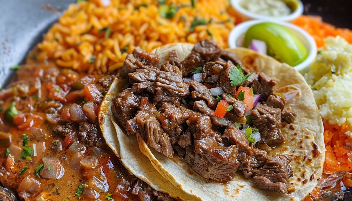 Bistec ranchero with rice and beans